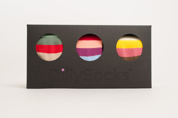 DillySocks Stripe Box Green-Red-Brown / Purple-Red_Blue-Petrol / Beige-Pink-Yellow_Green